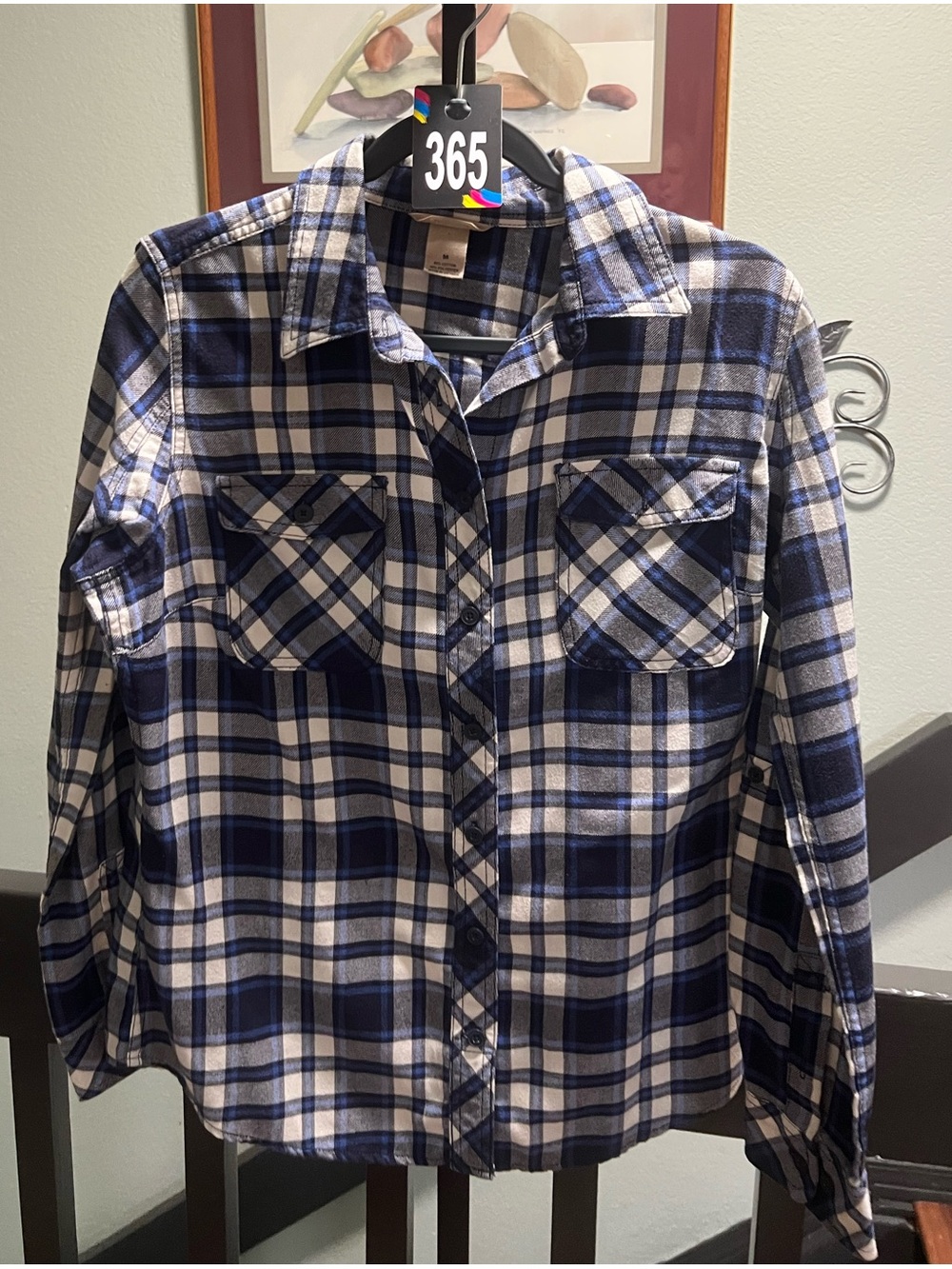 Duluth Trading Co Navy and White Plaid Button-Down Shirt Medium #365